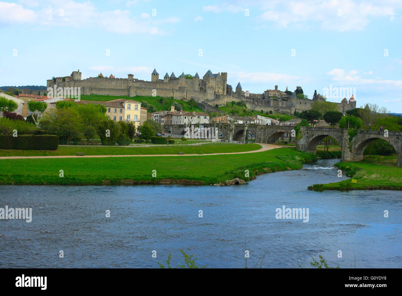 Pont Vieux over Aude River and general view ot the Medieval walled city of Carcassonne, Aude, Languedoc, France Stock Photo