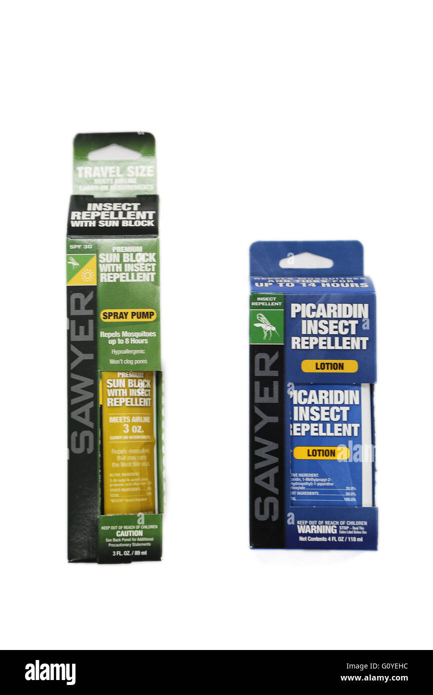 May 5, 2016 - St. Petersburg, Florida, U.S. - SCOTT KEELER   |   Times.Summer Survival Story..Left: Sawyer Sun Block with insect repellent-$8.99, and Right: Sawyer Picaridin Insect Repellent. (Effective against the strain of mosquito that carries the Zika virus.)- $9.99 (Credit Image: © Scott Keeler/Tampa Bay Times via ZUMA Wire) Stock Photo