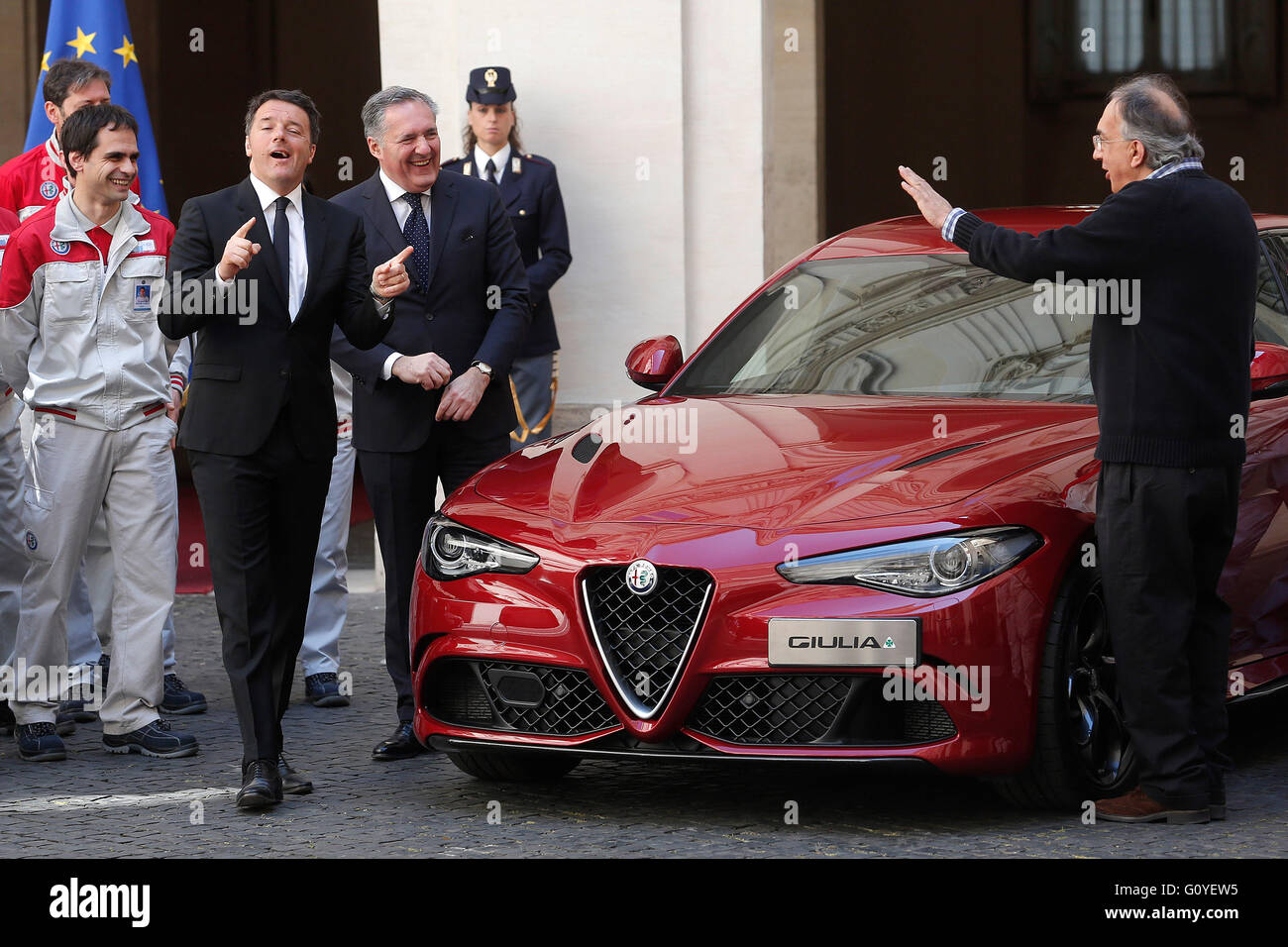Rome, Italy. 5th May, 2016. Matteo Renzi and Sergio Marchionne Rome 5th May 2016. Presentation of the new Giulia by Alfa Romeo.  Credit:  Insidefoto/Alamy Live News Stock Photo