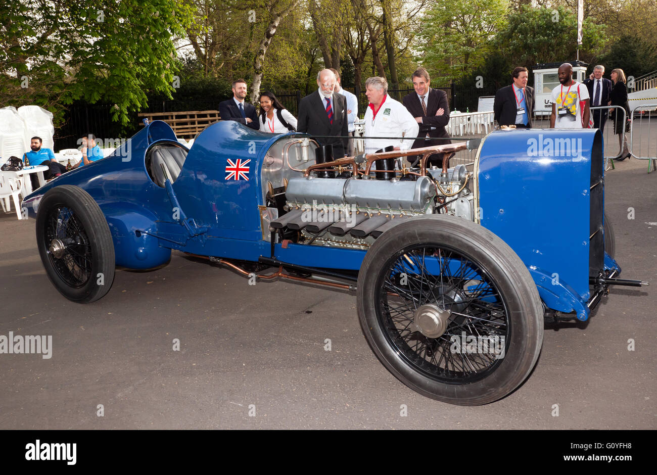 Nigal Mansell and Prince Michael of Kent enjoying Malcolm Campbell's world record breaking 350HP V12 Sunbeam, which was on loan from the National Motor Museum, Beaulieu, during the 2016 London Motor Show. Stock Photo