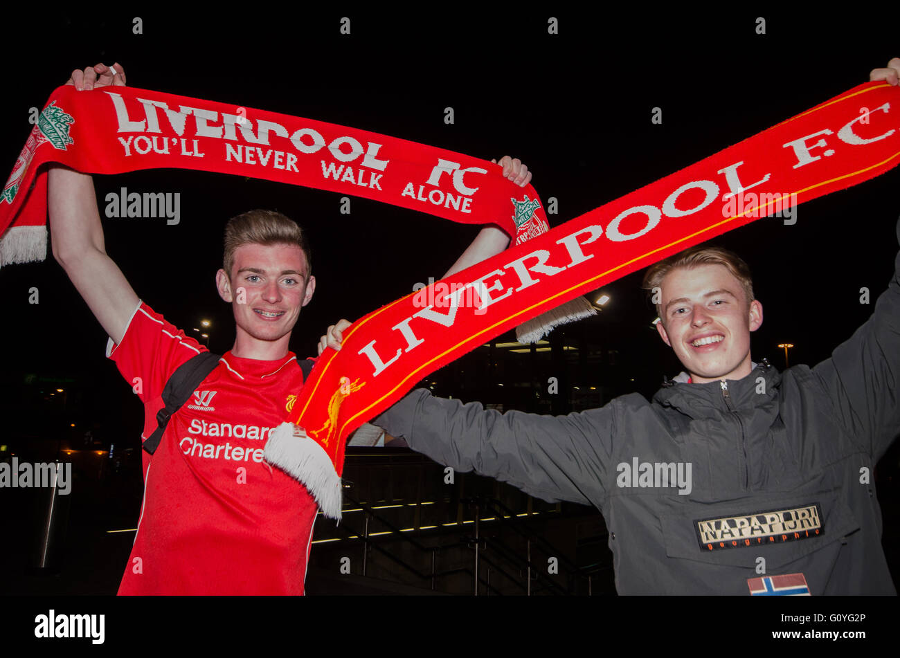 Liverpool, UK. 05th May, 2016. Liverpool Football Club secured a place in this year's UEFA Europa League final by beating Villareal at Anfield 3-0 ( 3-1 on aggregate) tonight. They will play Sevilla in the final in Basel, Switzerland on 18th May 2016. Credit: rsdphotography/Alamy Live News Stock Photo