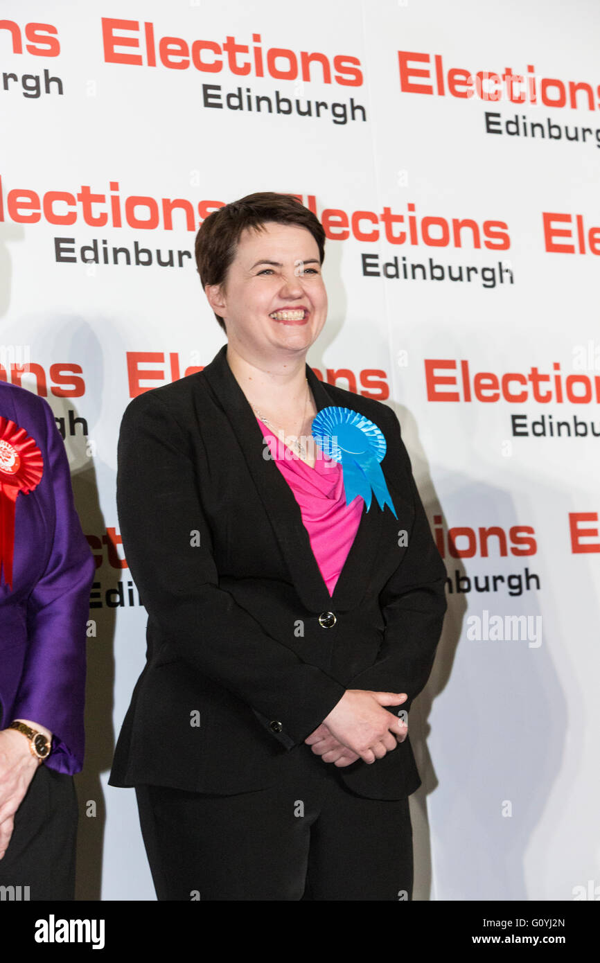 Edinburgh, Scotland, UK. 06th May, 2016. Ruth Davidson, leader of the Conservative & Unionist Party, surprisingly wins the Edinburgh Central seat, guaranteeing that the SNP cannot win a majority in the FPTP constituency seats. Credit:  Richard Dyson/Alamy Live News Stock Photo