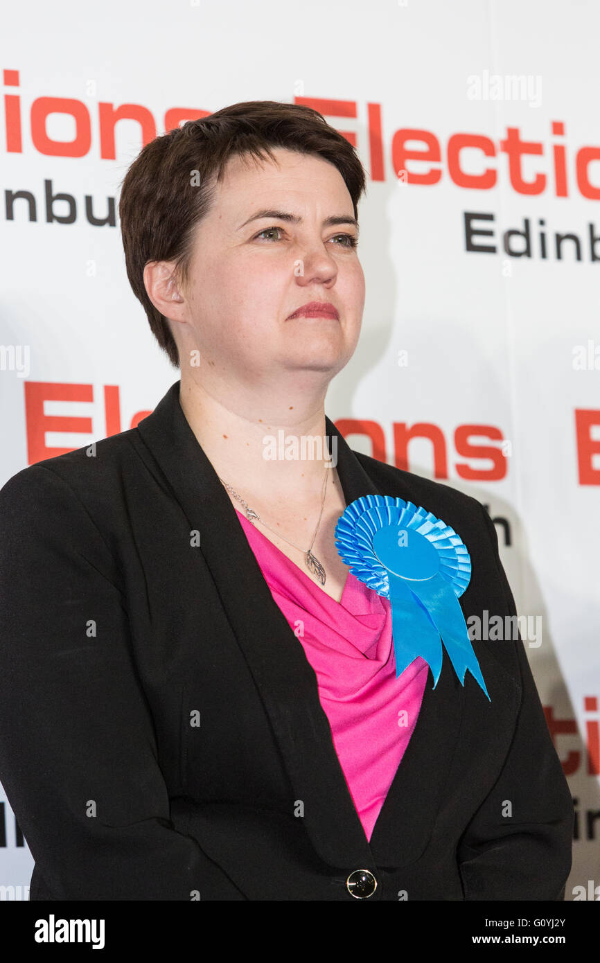 Edinburgh, Scotland, UK. 06th May, 2016. Ruth Davidson, leader of the Conservative & Unionist Party, surprisingly wins the Edinburgh Central seat, guaranteeing that the SNP cannot win a majority in the FPTP constituency seats. Credit:  Richard Dyson/Alamy Live News Stock Photo