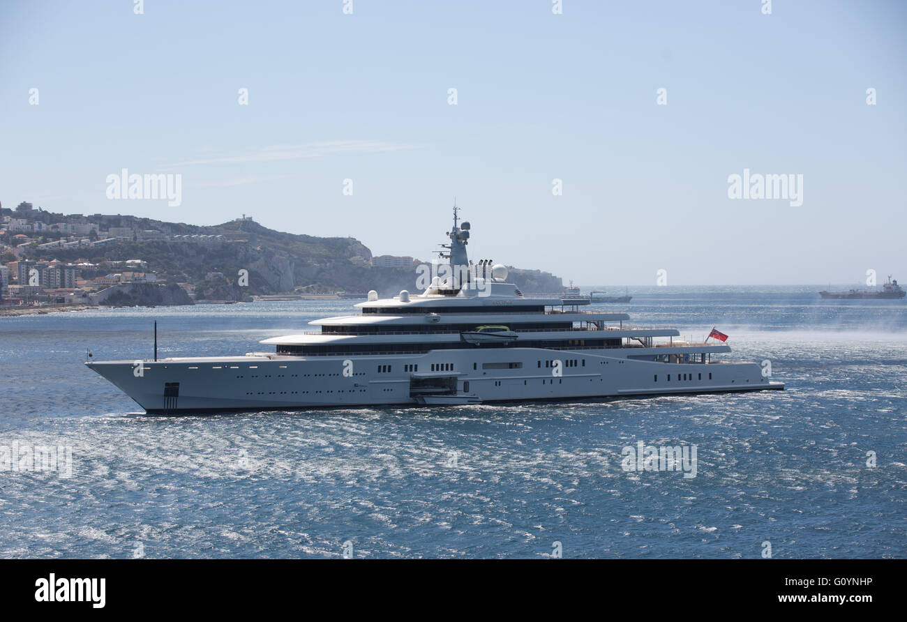Gibraltar, UK. 02nd May, 2016. The mega yacht 'Eclipse' belonging to the Russian billionaire Roman Abramovich in the port of Gibraltar, United Kingdom, 02 May 2016. Photo: Christian Charisius/dpa/Alamy Live News Stock Photo