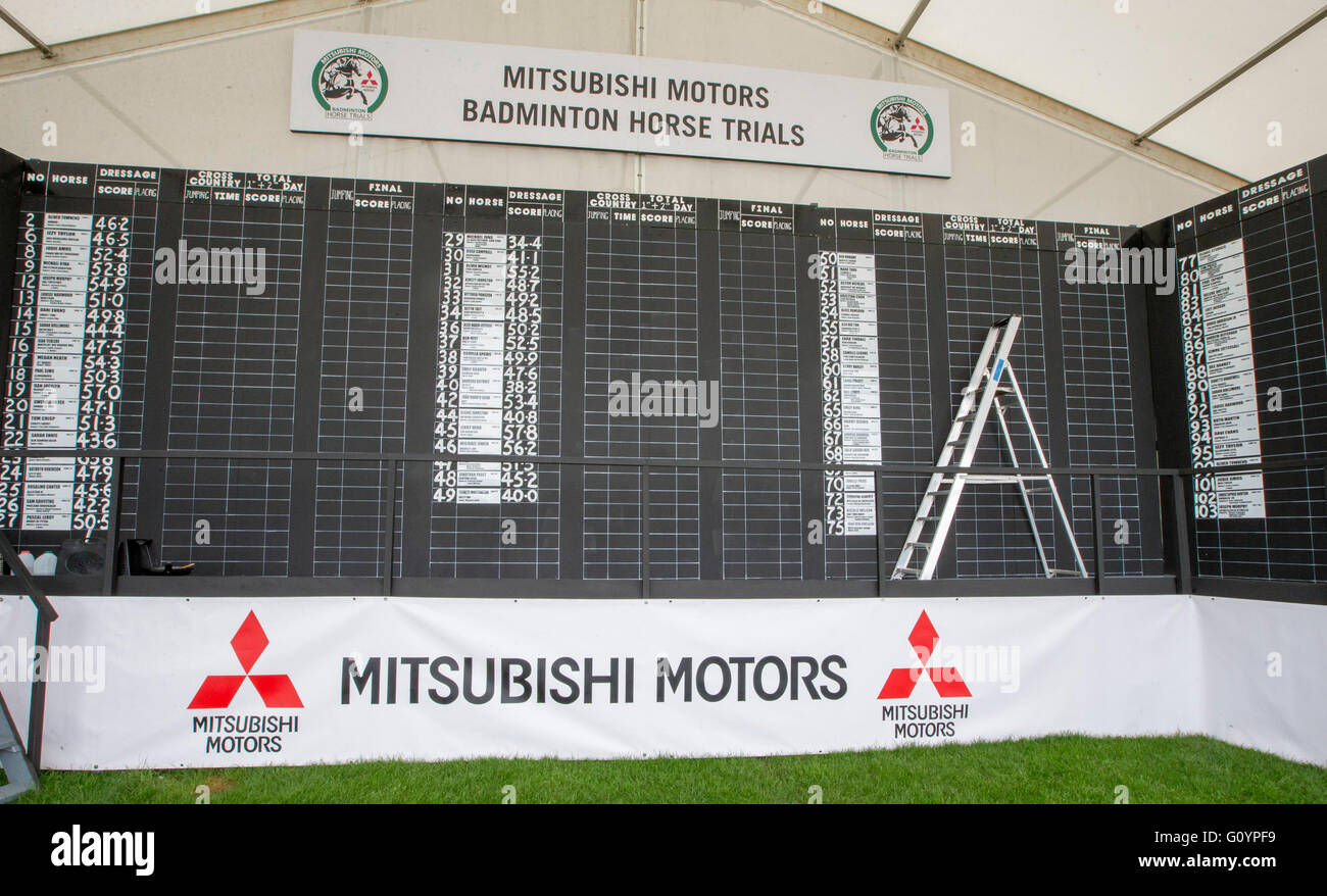 Badminton House, Badminton, UK. 06th May, 2016. Mitsubishi Motors Badminton Horse Trials. Day Three. General view of the event scoreboard. Credit:  Action Plus Sports/Alamy Live News Stock Photo