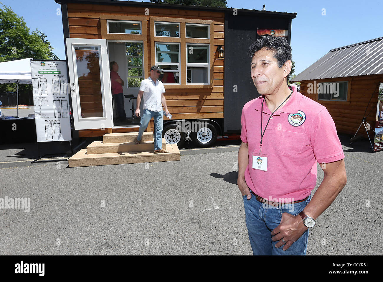 April 29, 2016 - Napa, CA, U.S. - Lou Pereyra, owner of Tiny Mountain Homes,  stands outside the Little Tahoma Peak model at the Napa-Solano Home & Garden  Show at the Napa