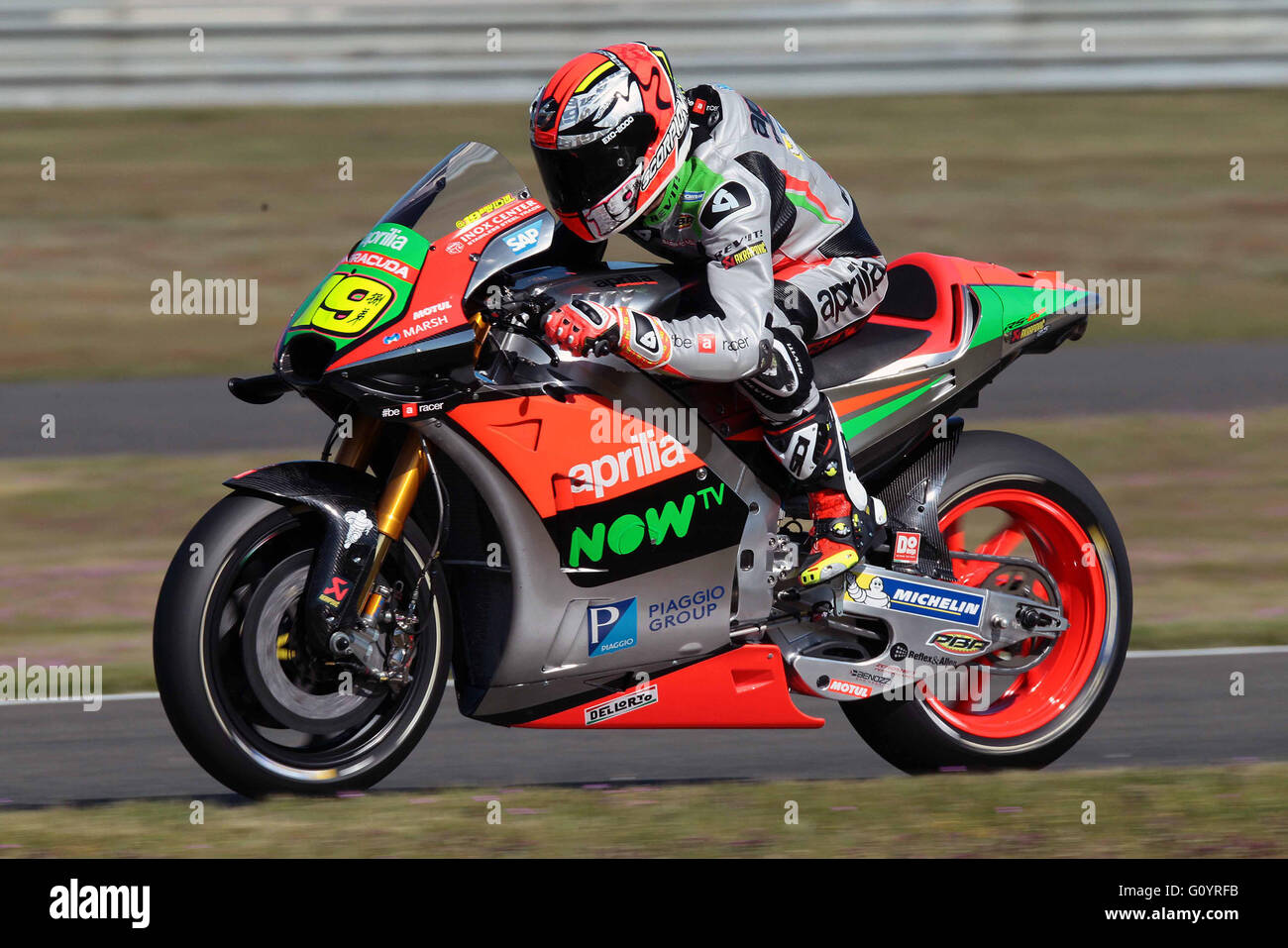 Le Mans, France. 6th May, 2016. Alvaro Bautista of Spain and Aprilia Racing  Team Gresini heads down a straight during the MotoGP Free Practice during  the Monster Energy Grand Prix de France