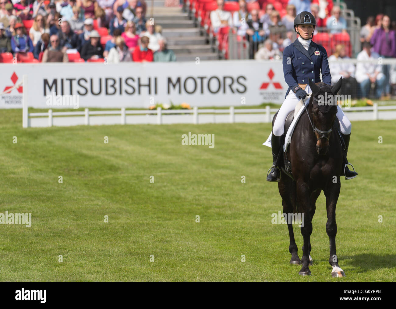 Badminton, South Gloucestershire, UK,  6th May 2016, Emily King and her horse Brooklleigh take part in the Dressage Phase of the Mitsubishi Motors Badminton Horse Trials 2016. Dressage is an advanced form of riding that tests the horse and rider as they perform difficult manoeuvres based around a horse's natural movements. Credit: Trevor Holt / Alamy Live News Stock Photo