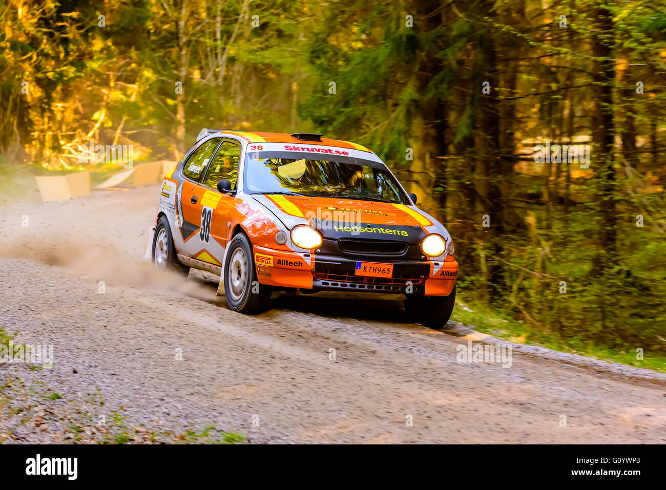 Karlskrona, Sweden. 6th May, 2016. 41st South Swedish Rally is on in the wild forest roads outside Karlskrona. Here is Tobias Soderqvist with codriver Joakim Soderqvist from AMF Arsunda on special road section 2 in their Toyota Corolla. They are todays winners in the trimmed 2WD class after a total of 4 sections. Credit:  Ingemar Magnusson/Alamy Live News Stock Photo