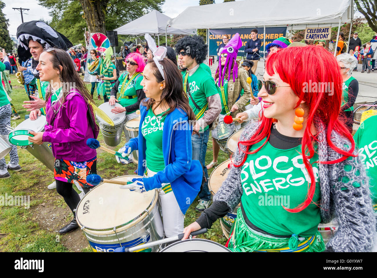 Drum group Bloco Energia perform at Earth Day Rally, Vancouver, British Columbia, Canada Stock Photo