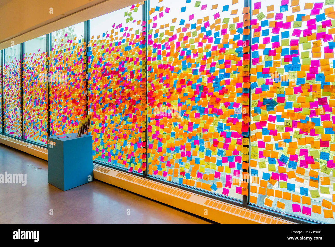 Sticky notes messages, a share of ideas at MOV, Museum of Vancouver, Vancouver, British Columbia, Canada Stock Photo