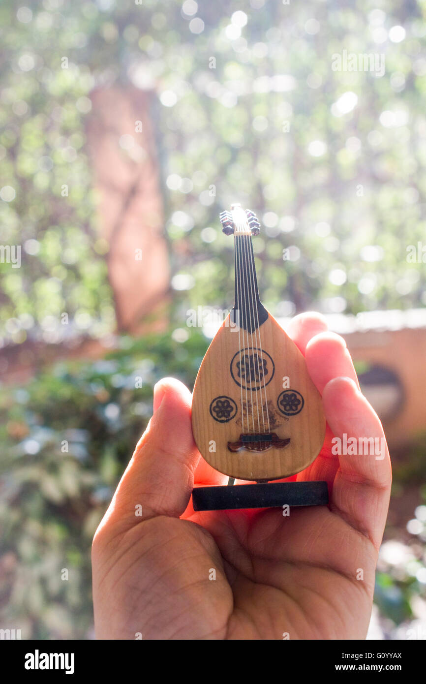 Little Stringed Musical Instrument Little model of a Classic stringed musical instrument Ud in hand Stock ...