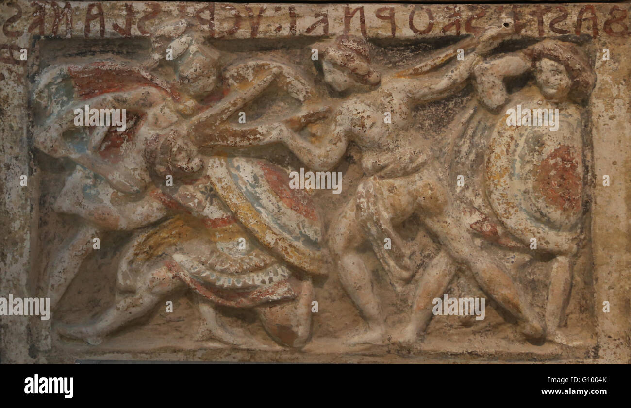 Etruscan cinerary urn. Hero fighting with a plow. Chiusi, Italy. 2nd c. BC. Terracotta. Louvre Museum. Paris. France. Stock Photo