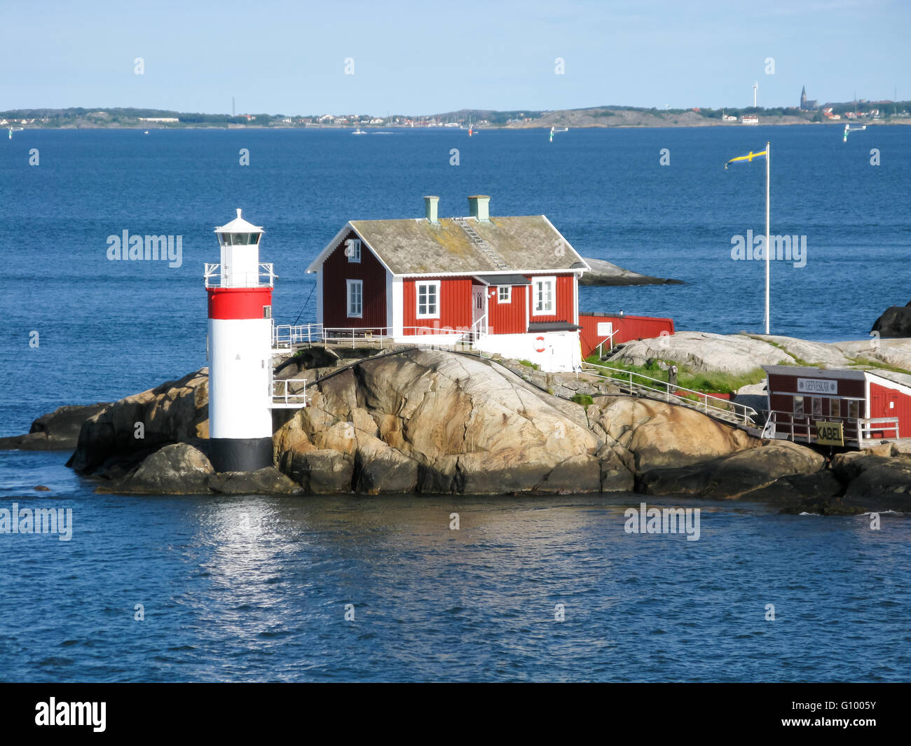 Gaveskar lighthouse near island of Vinga guides ships through waterway from Kattegat, North Sea to Gota Alv, Sweden Stock Photo