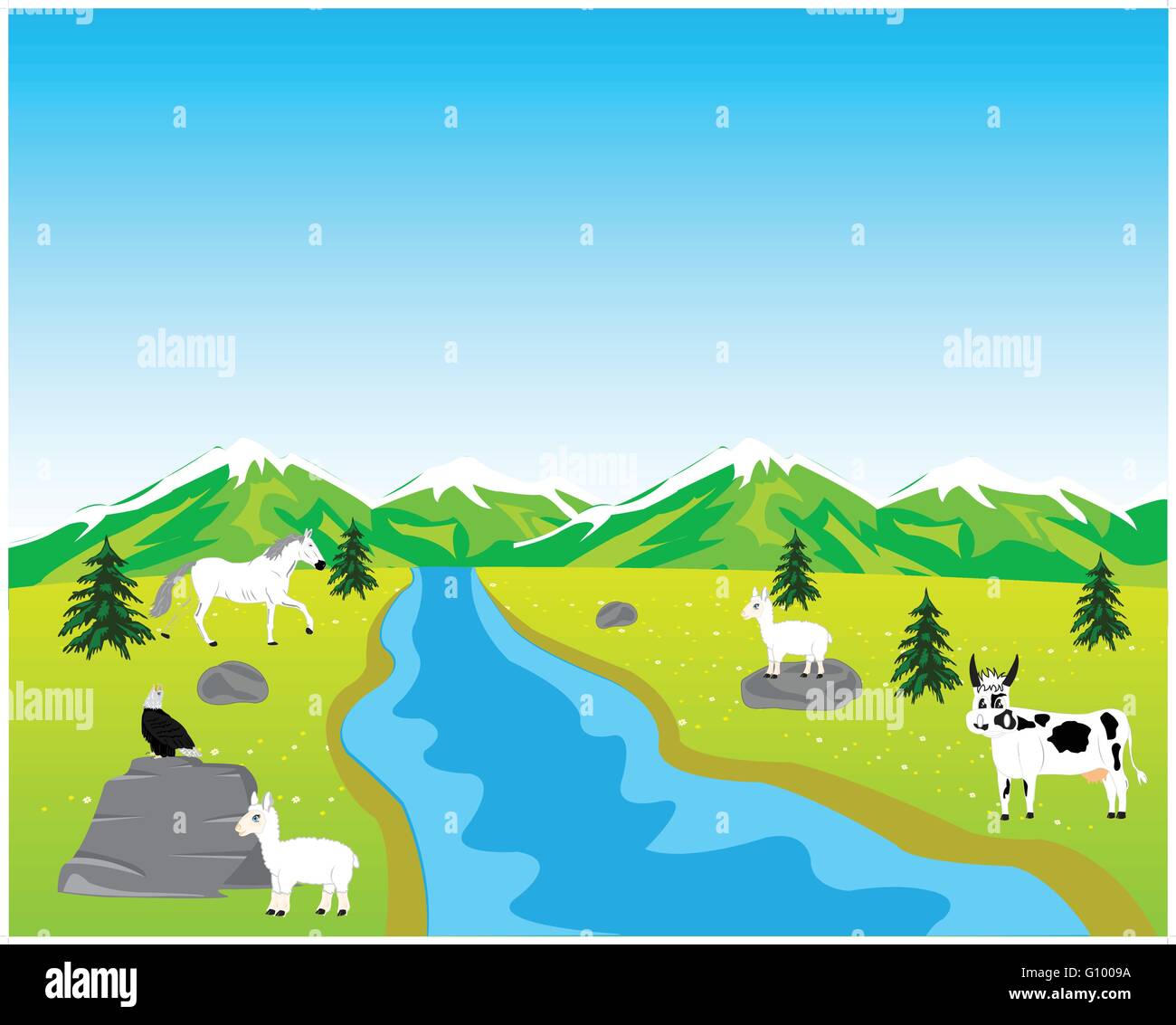 The Year landscape with river and animal.Vector illustration Stock ...