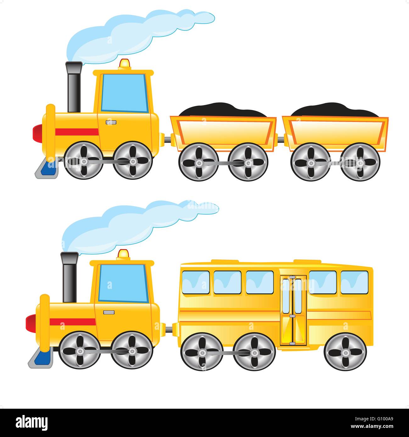 Two locomotives cargo and passenger on white background Stock Vector