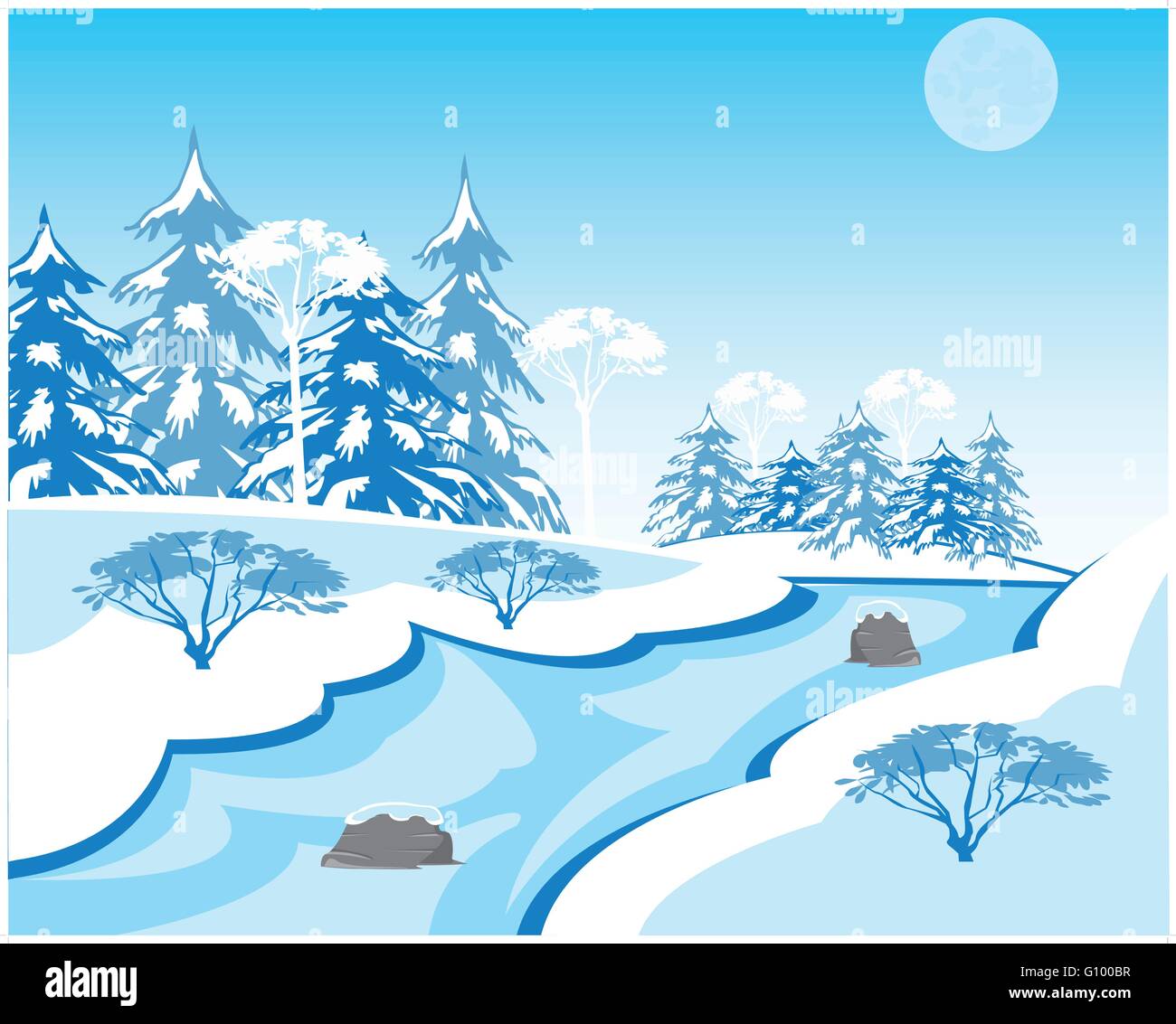 Vector illustration of the winter landscape with stream and wood Stock Vector