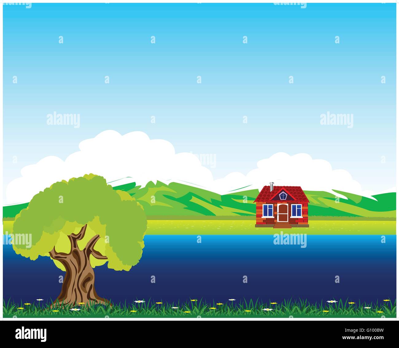 Rural landscape with house beside yard.Vector illustration Stock Vector ...