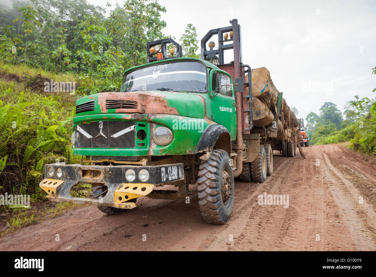 Lorries carrying harvested logs or trees in northern remote Sabah, Malaysian Borneo Stock Photo