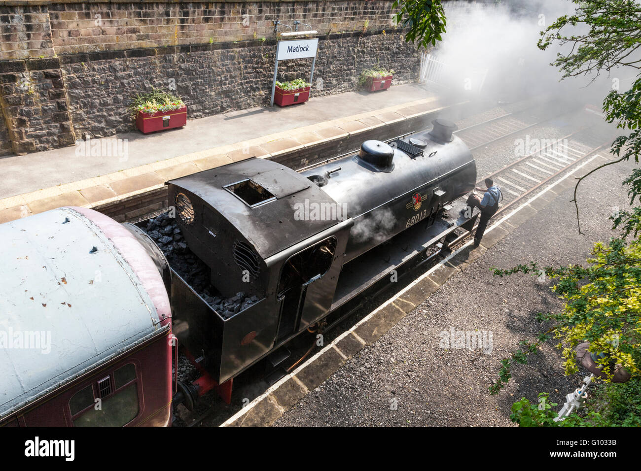 Heritage railway in the UK. Peak Rail steam engine no. 68013 from above at Matlock Station, Derbyshire, England, UK Stock Photo