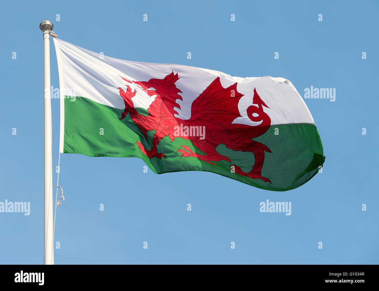 Welsh flag (Y Ddraig Goch) blowing in the wind and blue sky. Stock Photo