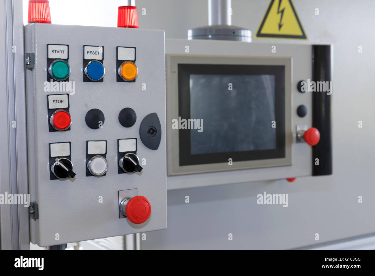 Control panel of assembly line with colored buttons. All potential ...