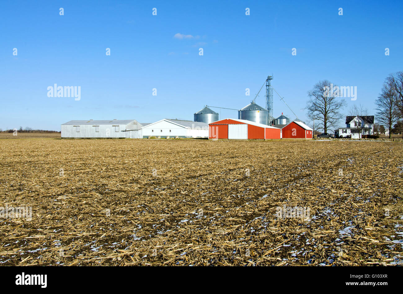 American farm in Northern Indiana is seen across harvested corn field