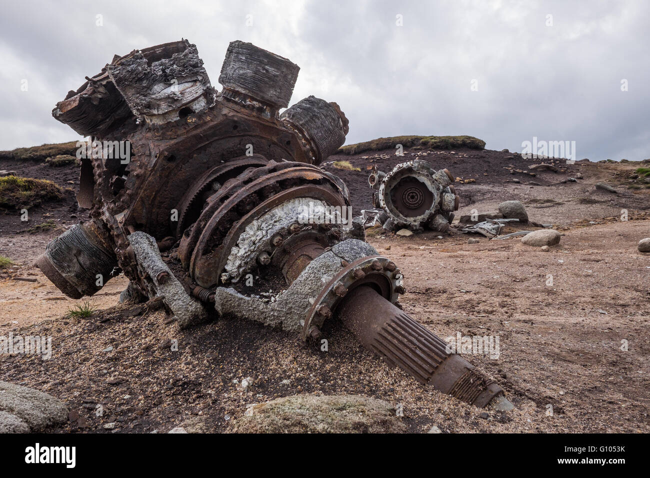 Wreckage at a crash site of a B29 Superfortress near Glossop.  2 radial engines are in view among the remains of the 1948 crash. Stock Photo