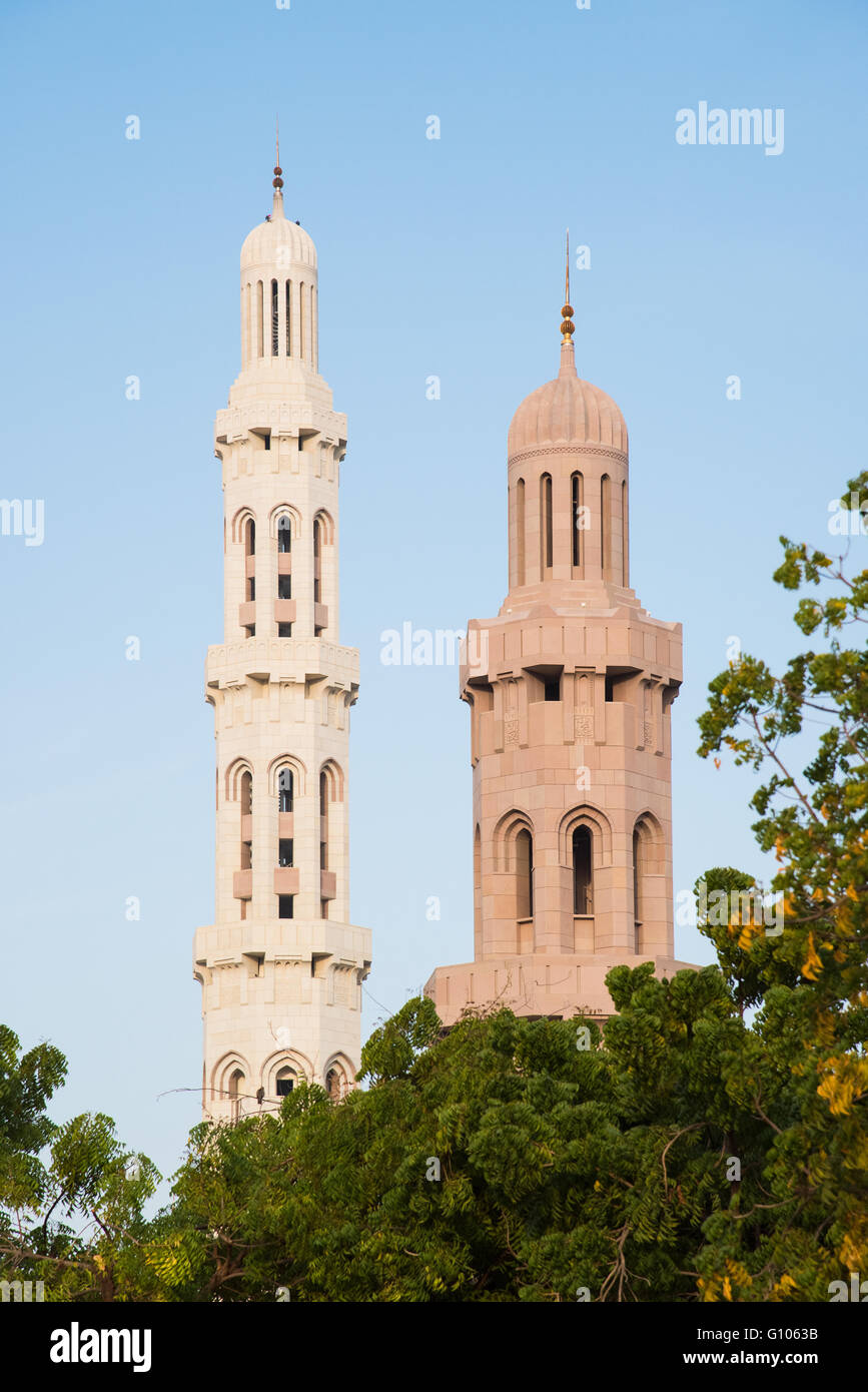 Two minarets at Sultan Qaboos Grand Mosque in Muscat, the main mosque of The Sultanate of Oman. Stock Photo