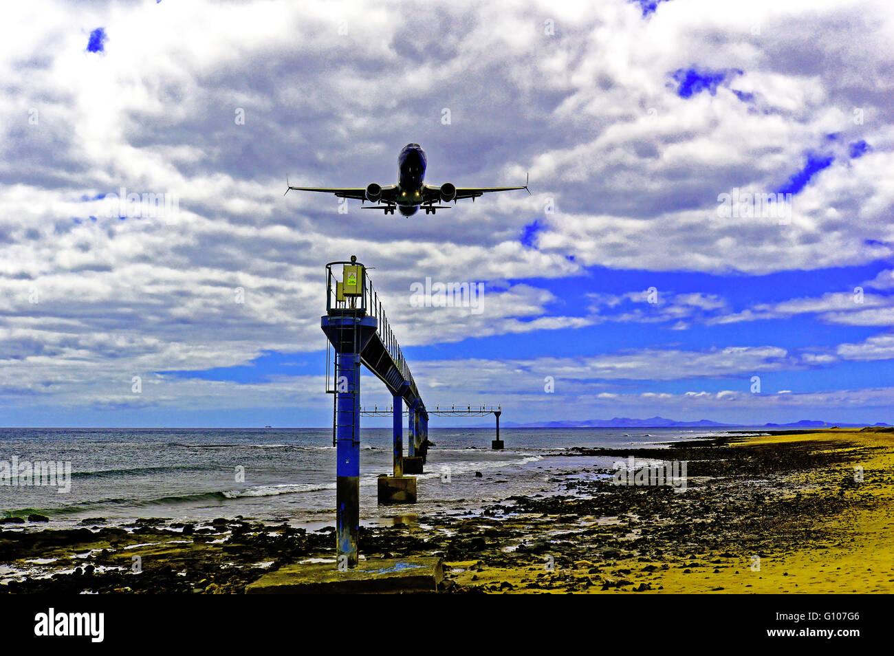 Lanzarote  passenger plane landing at Arrecife airport Stock Photo