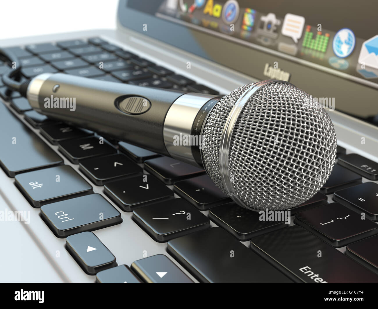 Microphone on the laptop keyboard. Digital audio  music software or karaoke concept. 3d illustration Stock Photo