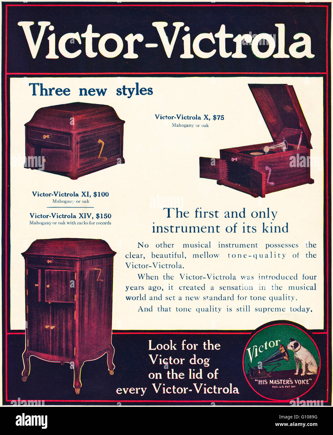 Original old vintage American magazine full page colour advert from the Edwardian era dated 1910. Advertisement advertising Victor-Victrola gramophones 'His Master's Voice' Stock Photo