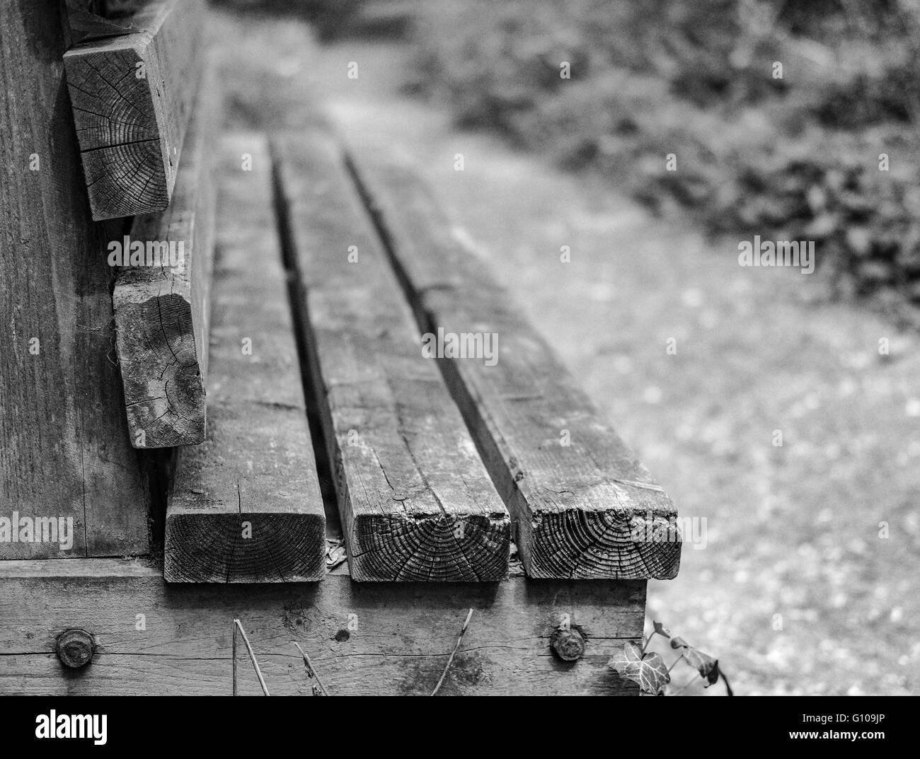 Empty timber built public bench seen on a footpath at the edge of a forest. Stock Photo