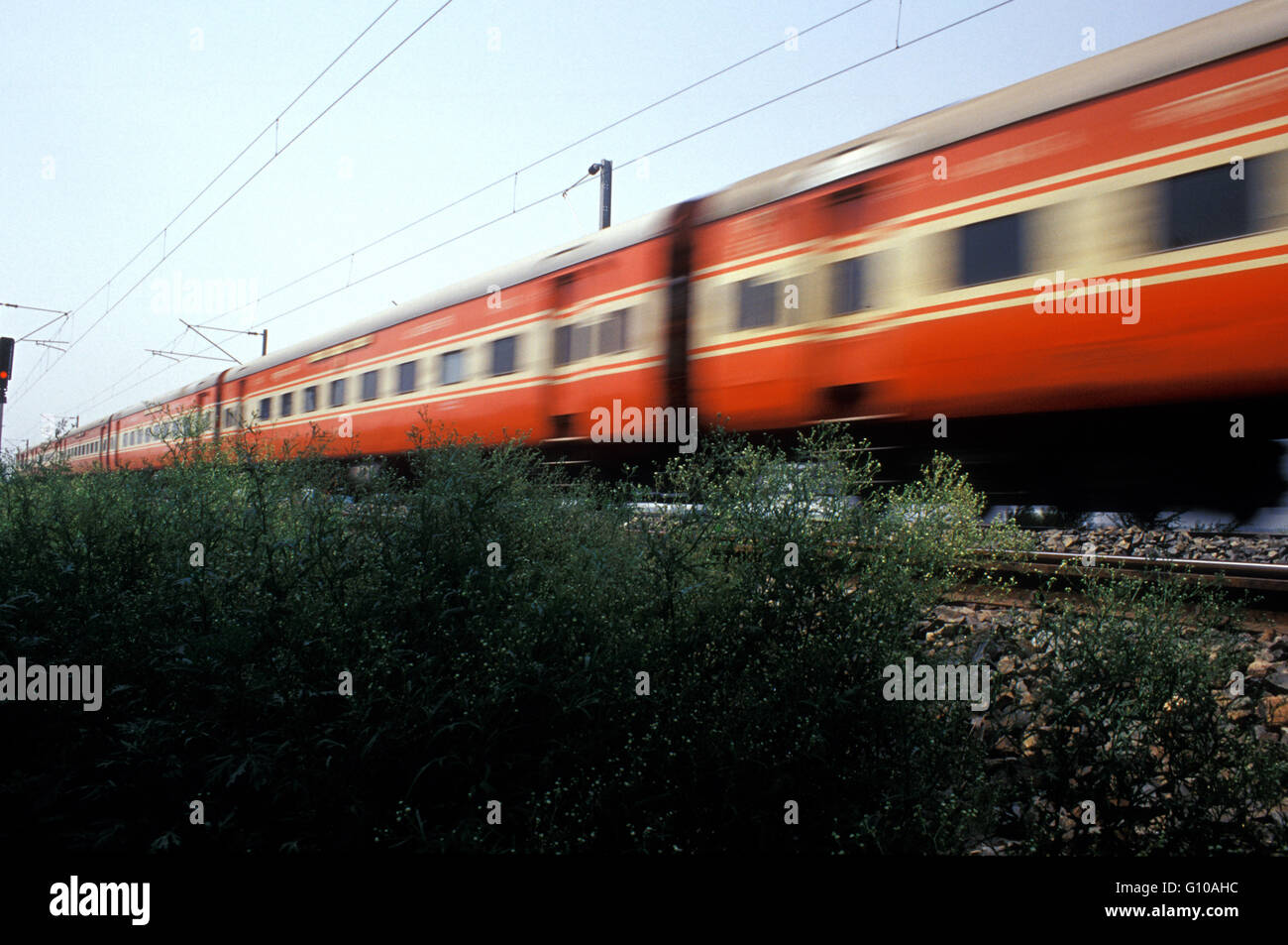 Rajdhani Express of Indian Railways, moving at high speed, India Stock Photo