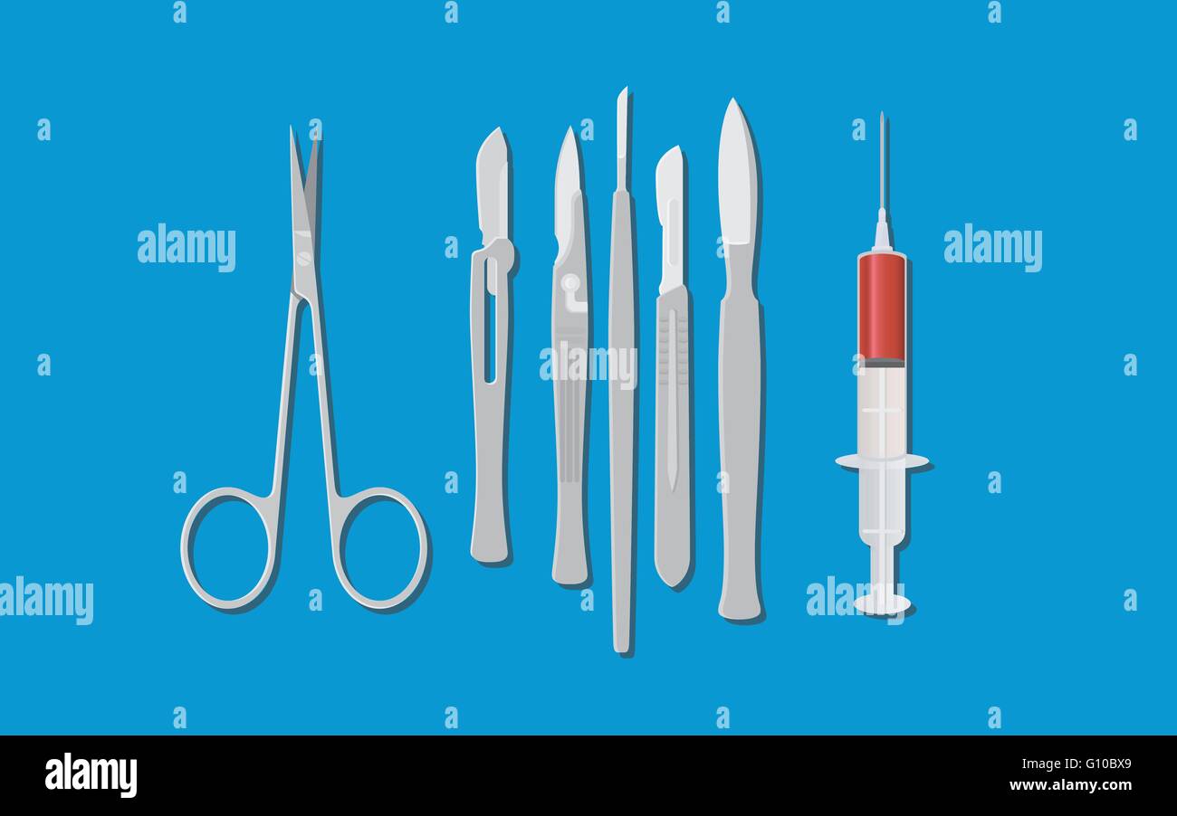 surgery surgeon metal tools with knife scissors and syringe Stock