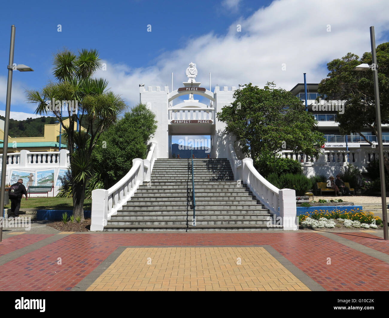 War Memorial & steps at Picton, South Island, New Zealand Stock Photo