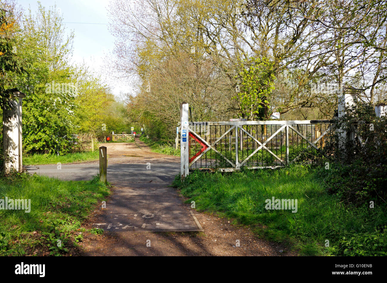 The Marriott's Way long distance path with old level crossing gate at Lenwade, Norfolk, England, United Kingdom. Stock Photo