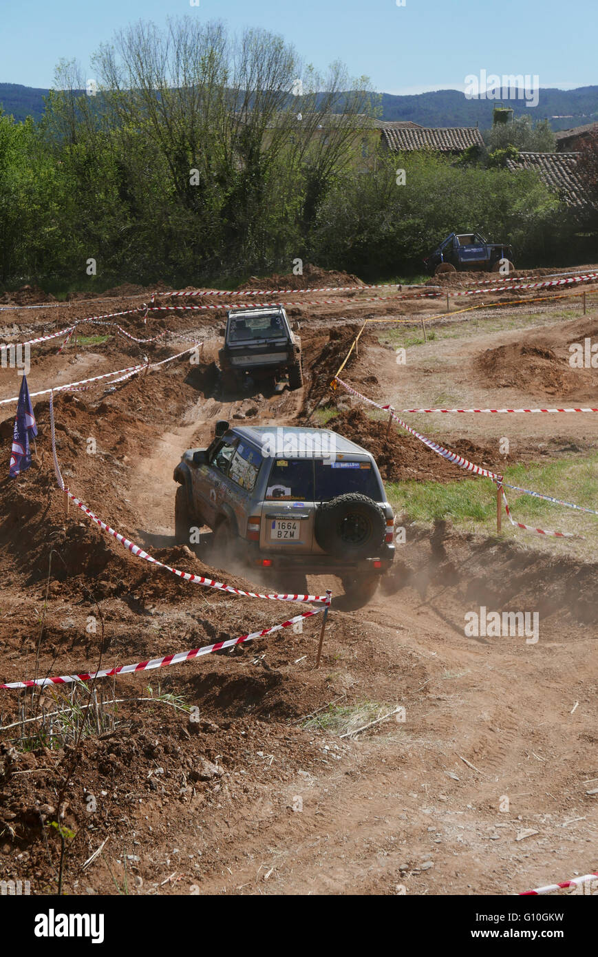 Four Wheel drive vehicles driving on an offroad circuit in Spain Stock
