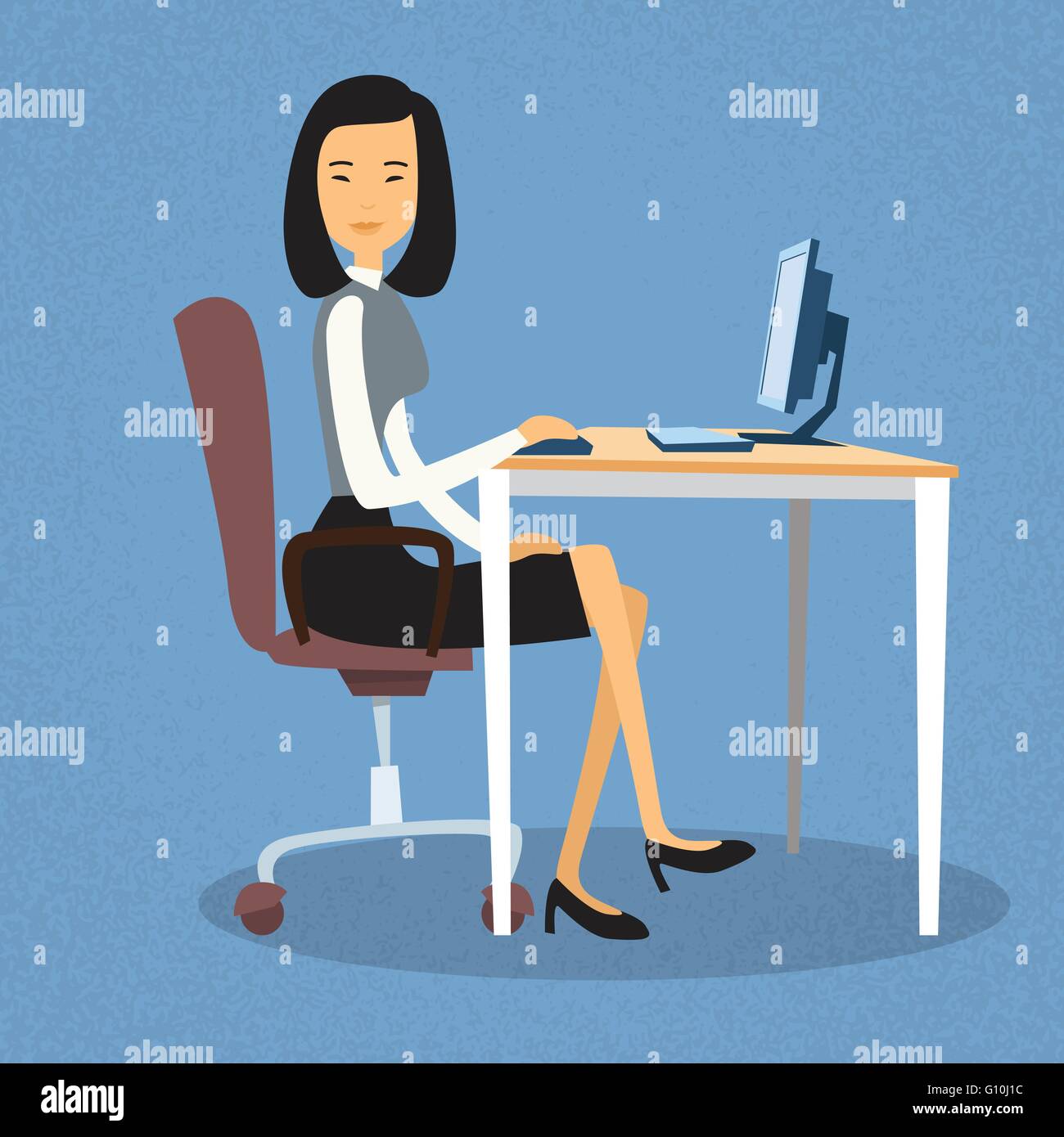 Asian Business Woman Sitting At Desk In Office Working Computer Desktop Stock Vector