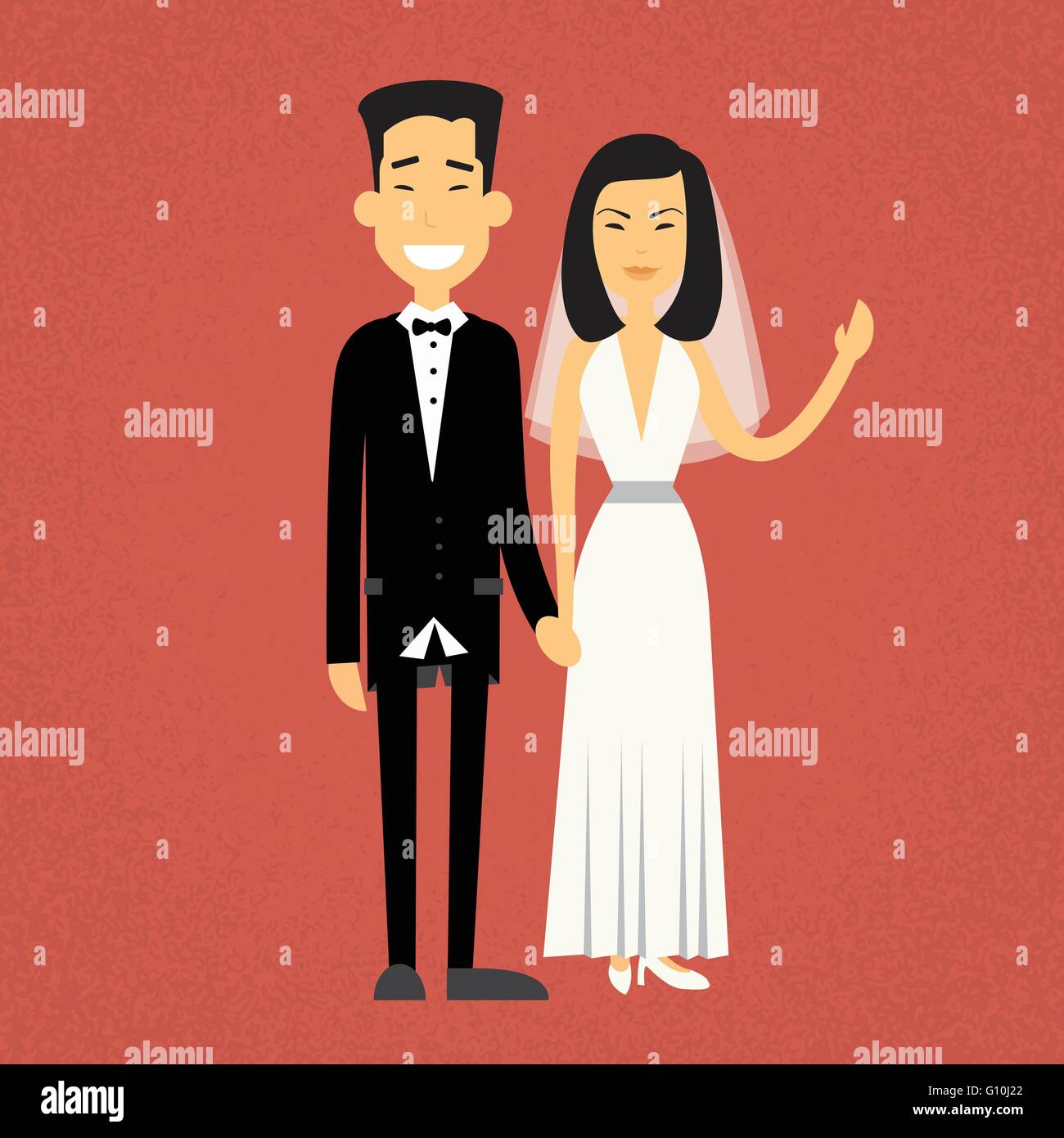 Asian Marriage Couple Fiance And Bride Wear Wedding Dress Holding Hands Flat Design Vector Illustration Stock Vector