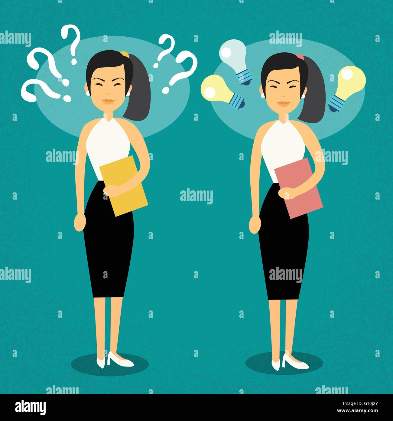 Asian Business Woman With Question Mark Light Bulb Problem And New Idea Concept Stock Vector