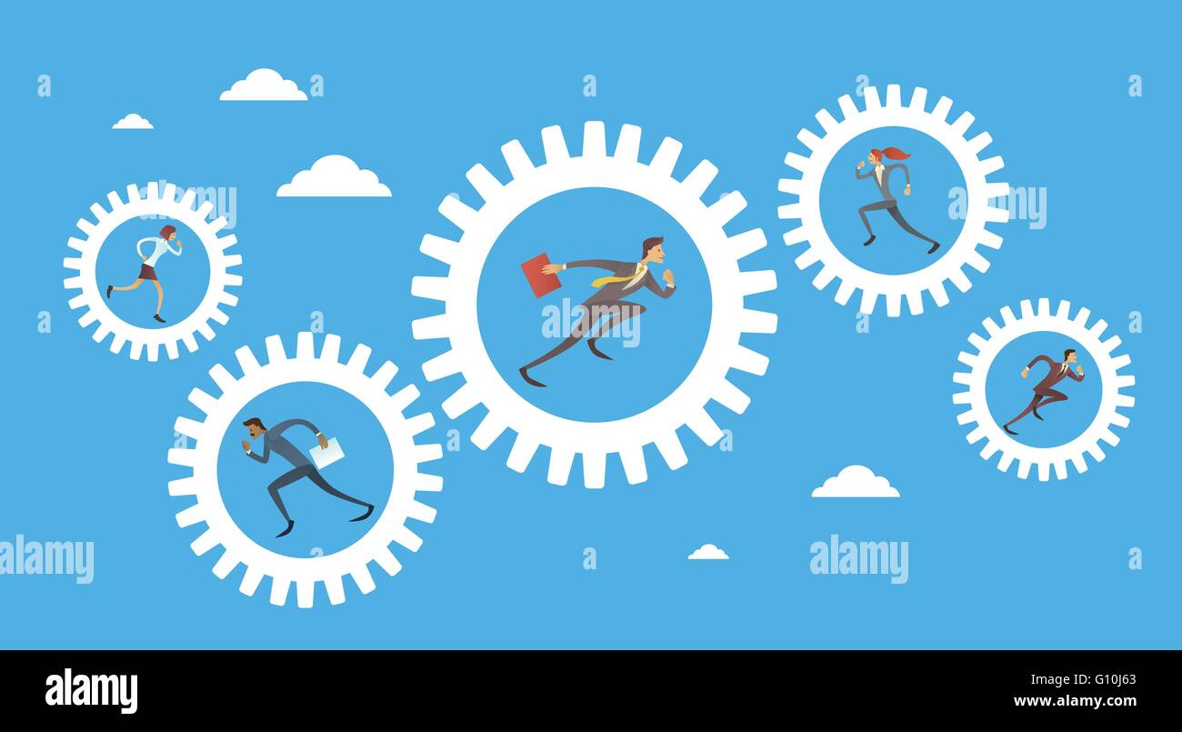 Business People Group Run In Cog Wheel Concept Teamwork Flat Design ...