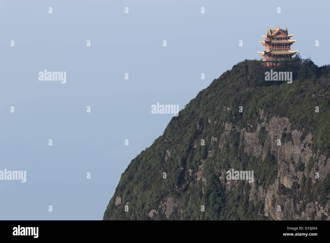 Wanfo , one of the sacred Buddhist Temple on Mountain top.Emeishan. This mountain peaks to 3099 meters above sea level. Stock Photo