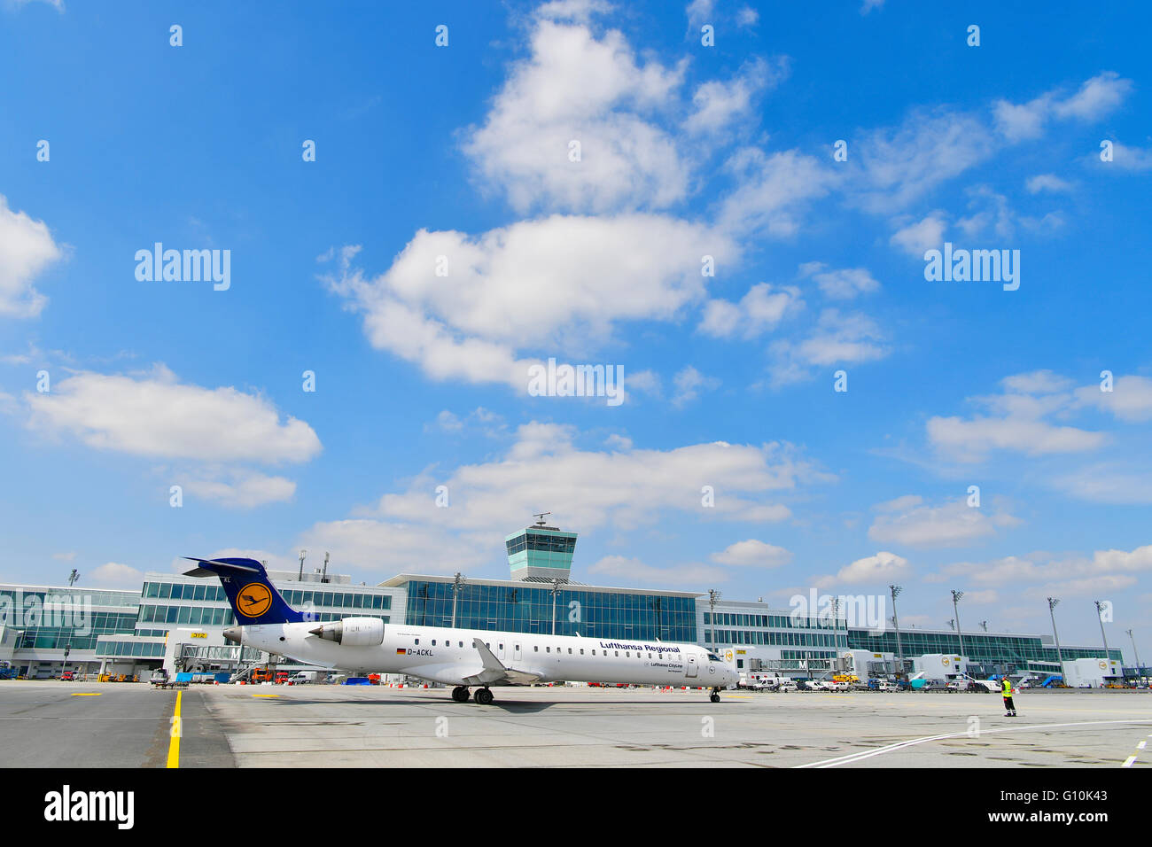 airplane, plane, aircraft, take off, runway, Terminal, Satellite, building, tower, Munich Airport, Lufthansa, LH, Stock Photo
