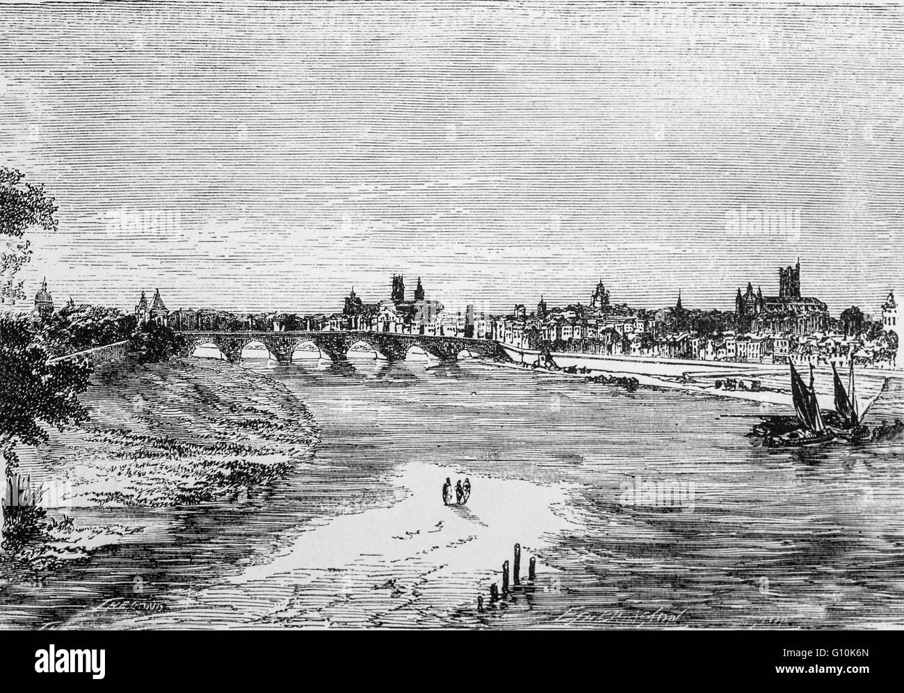 19th Century view of the River Garonne running through Toulouse, Capital of France’s southern Midi-Pyrénées region  near the Spanish border. Stock Photo