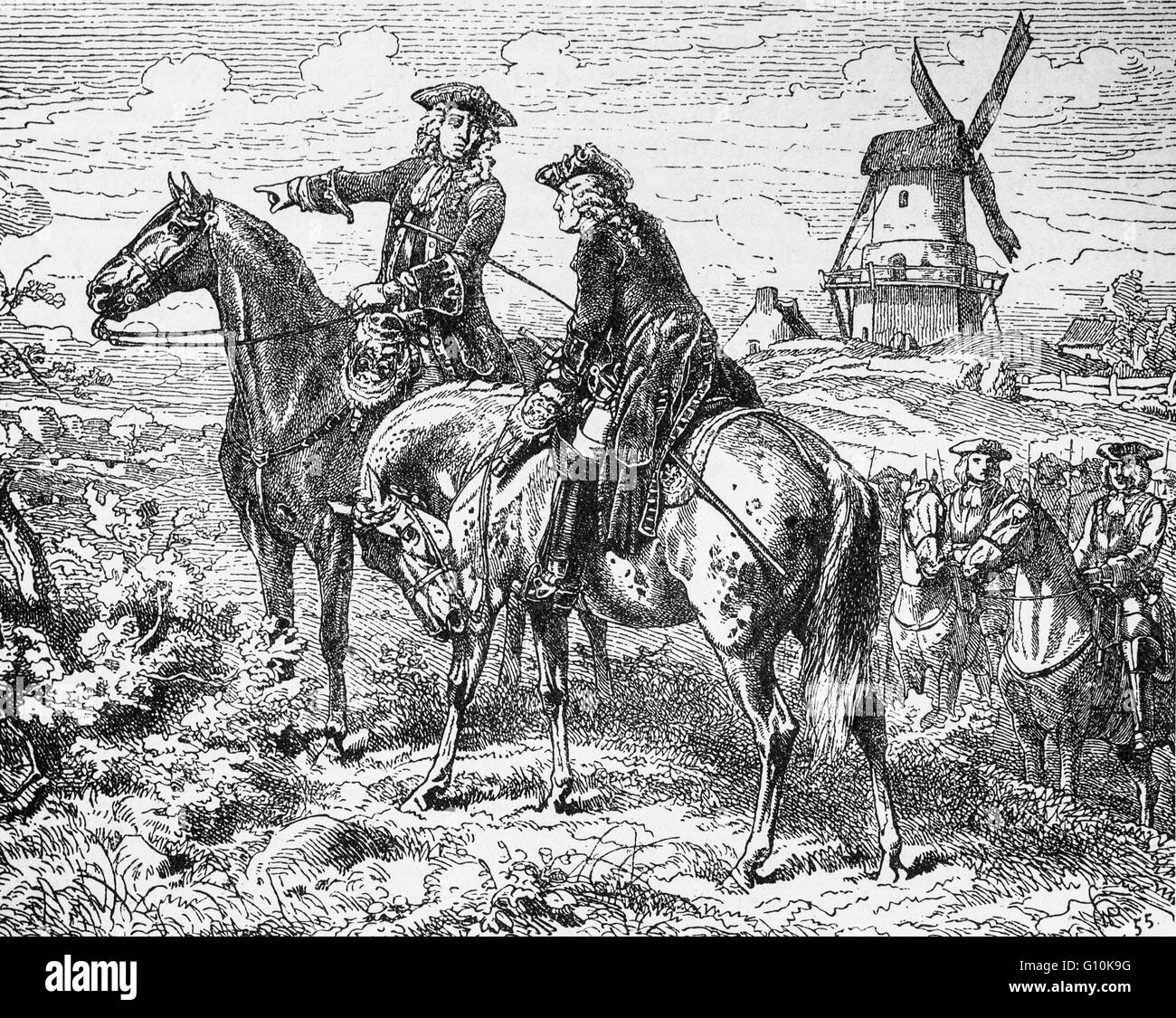 The Duke of Marlborough and Prince Eugene of Savoy during the The Battle of Malplaquet in 1709. Fought on the French-Belgium Border, it was the  last great battle in the War of the Spanish Succession Stock Photo