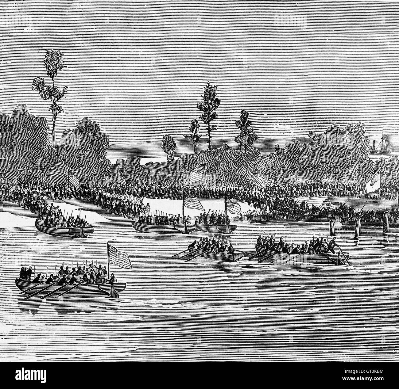 Known as Burnside's Landings in the Hatteras Inlet, January 1862.N During the Battle of New Bern, Gen. Ambrose E. Burnside led 15,000 U.S. Army troops while Flag Officer Louis M. Goldsborough commanded the naval contingent to attack Confederates in North Carolina. Stock Photo