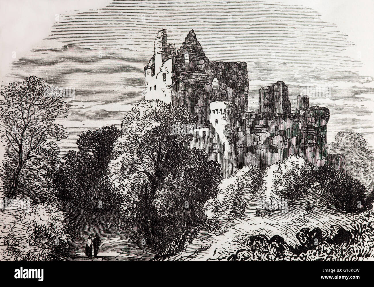 19th Century view of Craigmillar Castle is a ruined medieval castle began in the late 14th century. Sold to Sir John Gilmour, Lord President of the Court of Session in 1660, left in the 18th century, the castle fell into ruin, Edinburgh, Scotland Stock Photo