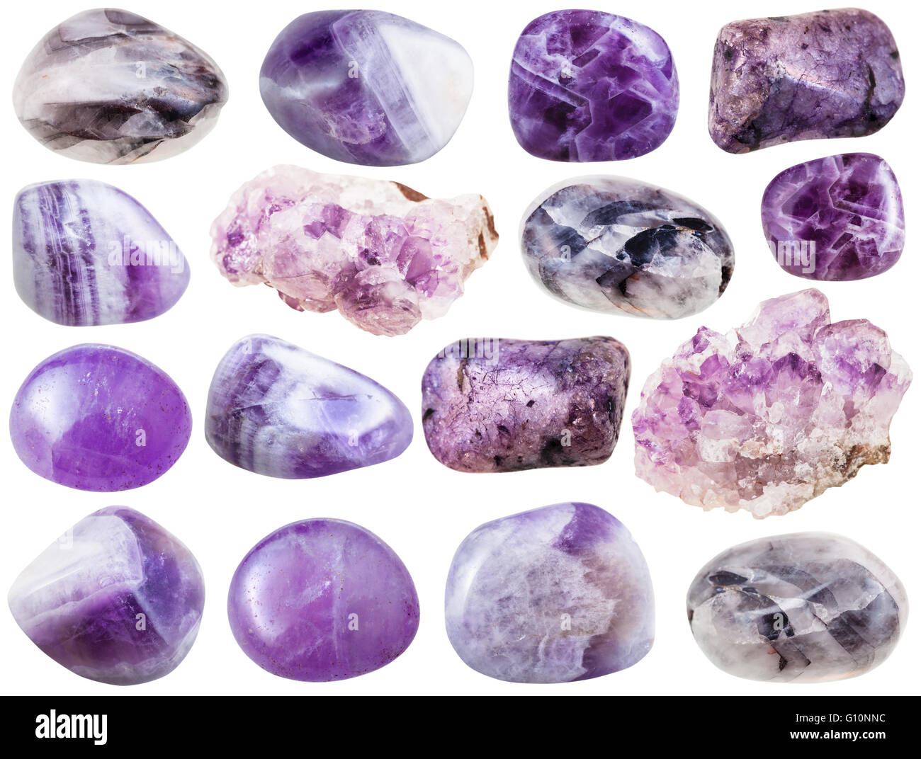 set of various amethyst natural mineral stones and gemstones isolated on  white background Stock Photo - Alamy
