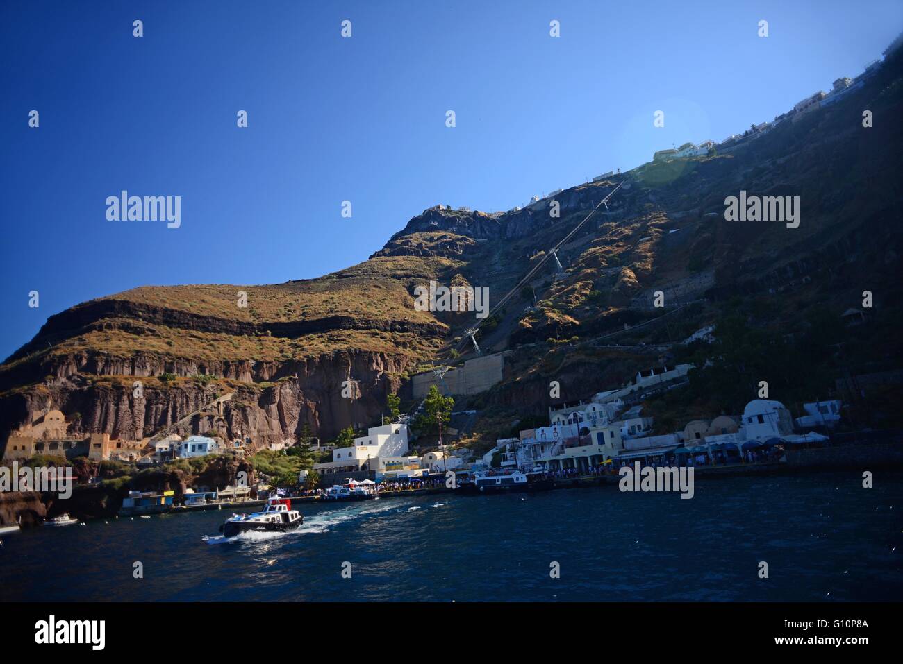 Arriving to Fira port on boat from cruise ship, Santorini, Greek Islands, Greece Stock Photo